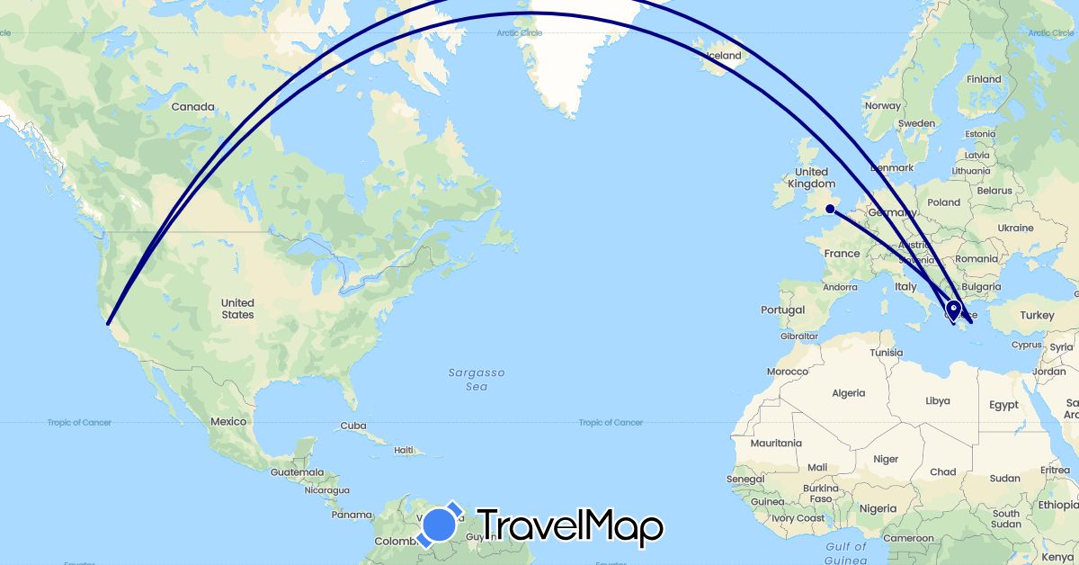 TravelMap itinerary: driving in United Kingdom, Greece, United States (Europe, North America)